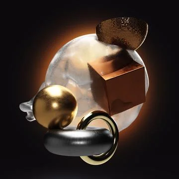 3D rendering of geometrical objects in bronze, silver and gold colors with an ic 库存插图