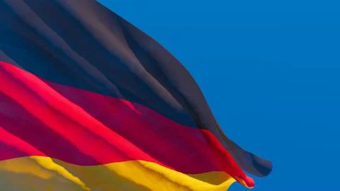 3D rendering of the German national flag against a blue sky Stock Illustration