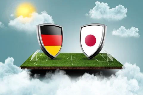 3D rendering of Germany vs Japan flags with shield on green stadium in the sky Illustrazione stock