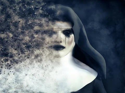 3D rendering of a ghost nun or demon dissolving. Stock Illustration