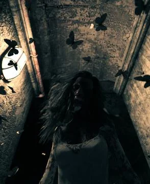 3d rendering of a ghost woman in haunted house Stock Illustration