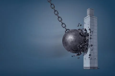 3d rendering of giant iron wrecking ball breaks in pieces when it hits a Stock Illustration