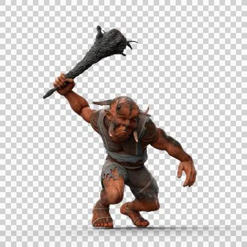 3D rendering of a giant Troll swinging a large wooden club weapon isolated on Stock Illustration