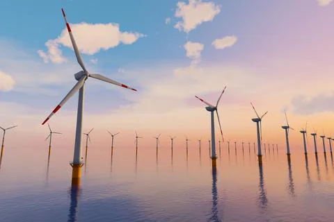 3D Rendering of Giant wind turbines farm located in the open sea, sunset shot Stock Illustration
