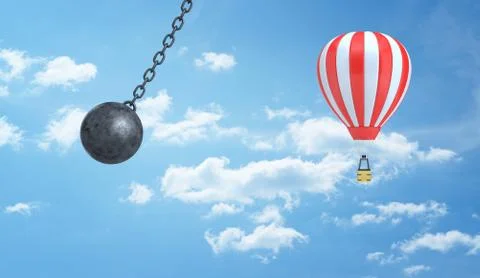 3d rendering of a giant wrecking ball dangerously swings near a striped hot air Stock Illustration