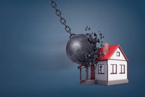 3d rendering of a giant wrecking ball breaks in small pieces when hits a small Stock-Illustration