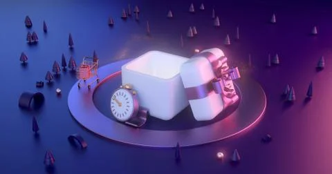 3d rendering of gift box and Christmas tree. Stock Illustration