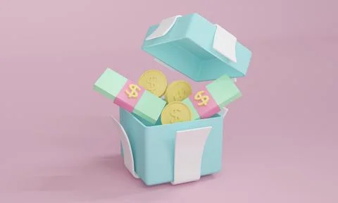 3D Rendering gift box open with money bill and coin inside in pastel theme... Stock Illustration