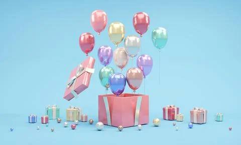 3d rendering of gift box open balloons fly out with confetti element and mi.. Stock Illustration