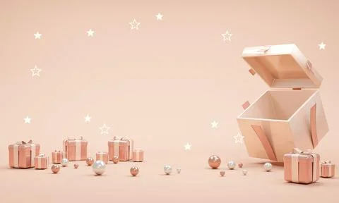 3D Rendering of gift box open explosion show blank space vouchers inside on.. Stock Illustration