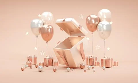 3d rendering of gift box open seeing inside and balloons mini gift confetti.. Stock Illustration