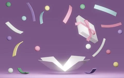 3D Rendering of gift box open reveal blank space with explosion confetti in.. Stock Illustration