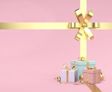 3D rendering giftbox with gold ribbon and gold ball element on pink floor and Illustration