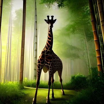3D rendering of a giraffe standing alone on a green path in a bamboo forest Stock Illustration