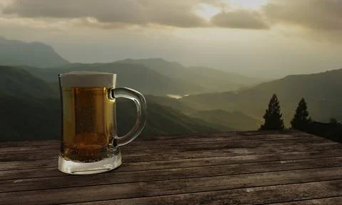 3D Rendering glass beer and mountain vieGlass of beer and mountain view backg Illustrazione stock