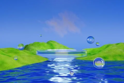 3D rendering of Glass podium over water with bubbles and green hills. Illustrazione stock