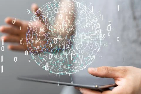 A 3D rendering of global connectivity and binary code hologram projecting fro Foto stock