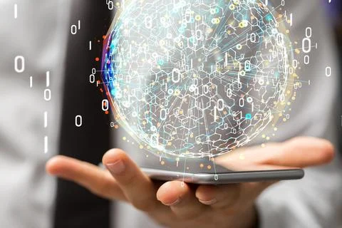 A 3D rendering of global connectivity and binary code hologram projecting fro 库存照片
