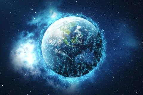 3D Rendering Global Network and Data Exchange. Connection lines Around Earth 스톡 일러스트