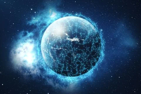 3D Rendering Global Network and Data Exchange. Connection lines Around Earth Stock Illustration
