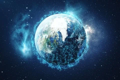 3D Rendering Global Network and Data Exchange. Connection lines Around Earth Stock Illustration