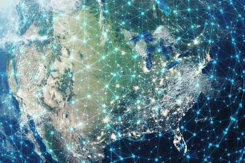 3D Rendering Global Network and Data Exchange. Connection lines Around Earth Stock Illustration