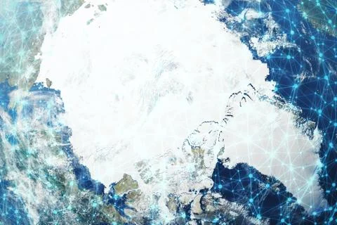 3D Rendering Global Network and Data Exchange. Connection lines Around Earth Stock Illustration