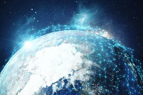 3D Rendering Global Network and Data Exchange. Connection lines Around Earth Stock Illustration