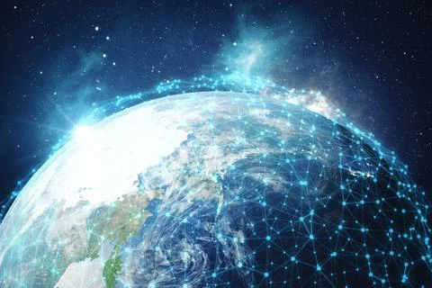 3D Rendering Global Network and Data Exchange. Connection lines Around Earth Stock Illustration