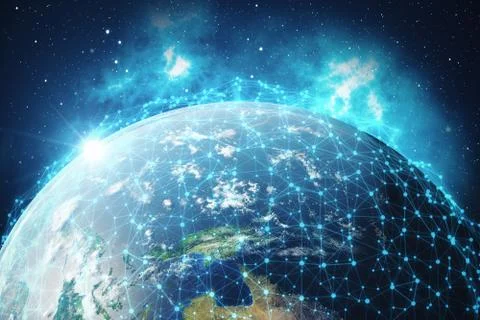 3D Rendering Global Network and Data Exchange. Connection lines Around Earth Stock Illustration