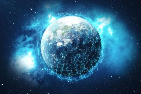 3D Rendering Global Network Background. Connection Lines with Dots Around Earth Stock Illustration