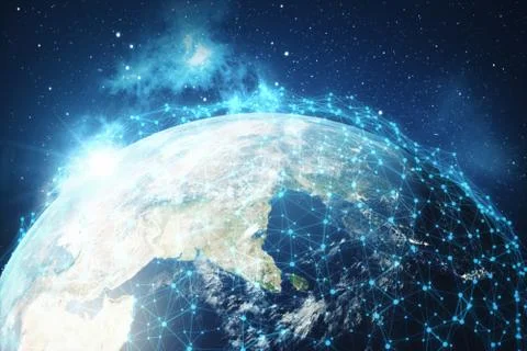 3D Rendering Global Network Background. Connection Lines with Dots Around Earth Stock Illustration