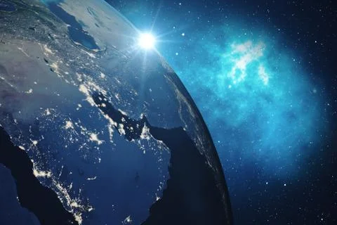 3D Rendering Global Network Background. Blue Sunrise View From Space. Global 스톡 일러스트