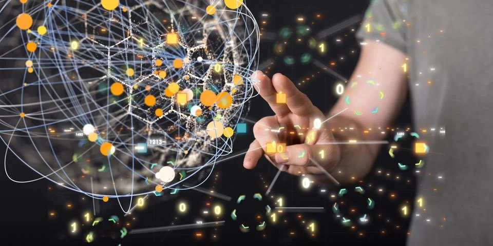 A 3D rendering of global network connection and binary codes with a male touc Stock Photos
