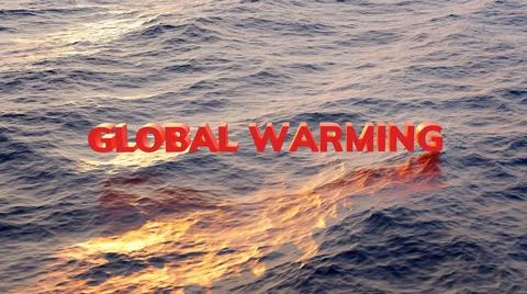 3D rendering of a global warming text sign over the ocean water on sunset. Stock Illustration