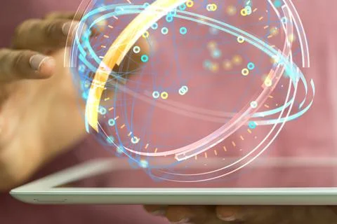 A 3D rendering of a globe hologram with interconnected dots on a businessman' Stock Photos