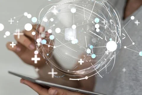 A 3D rendering of a globe hologram with interconnected dots on a businessman' Stock Photos