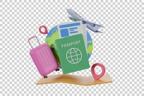3D rendering globe pin map and suitcase with flight Stockillustratie