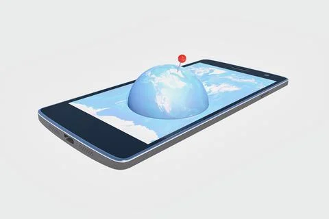 3D rendering of the globe with a pointer appearing on a mobile phone screen Illustrazione stock