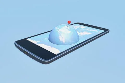 3D rendering of the globe with a pointer appearing on a mobile phone screen Stock Illustration