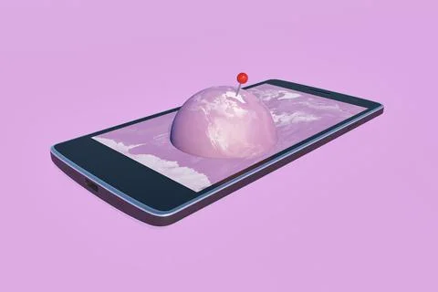 3D rendering of the globe with a pointer appearing on a mobile phone screen Illustrazione stock
