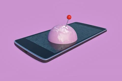 3D rendering of the globe with a pointer appearing on a mobile phone screen Stock Illustration