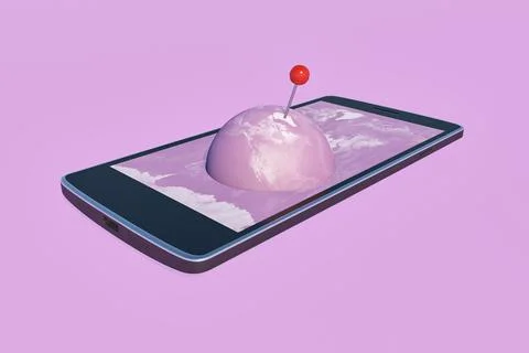 3D rendering of the globe with a pointer appearing on a mobile phone screen Illustrazione stock