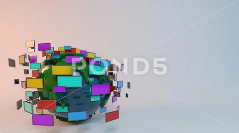 3d rendering of a globe surrounded by many colored screens Stock Illustration