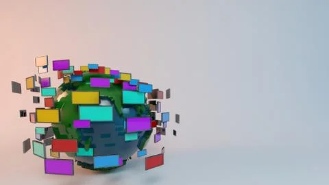 3d rendering of a globe surrounded by many colored screens Stock Illustration
