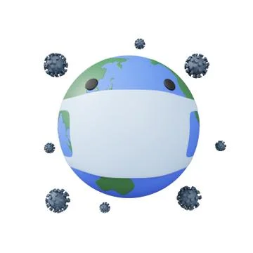 3d rendering of globe wears the mask, 3d icons, pastel minimal cartoon style  Illustrazione stock