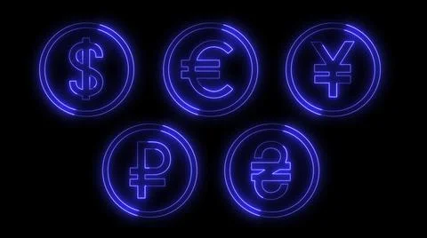 3D rendering glow effects of contours of currencies on a black background. Ne 스톡 일러스트