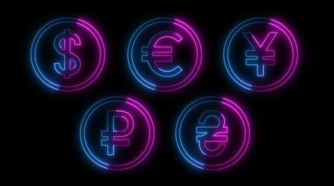 3D rendering glow effects of contours of currencies on a black background. Ne Stock-Illustration