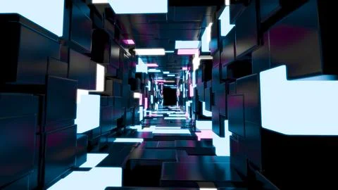 3D rendering of glowing blue cube tunnel. Stock Illustration