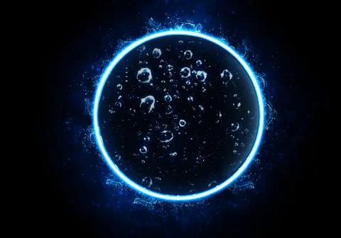 3D rendering of a glowing circle with water bubbles against a dark background Stock Illustration